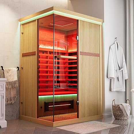 Full Spectrum Sauna for Home, 2 Person Indoor Infrared Sauna Room with 10 Minutes Warm-up Heate, Canadian Hemlock Wood Home Infrared Sauna with Bluetooth and Tempered Glass