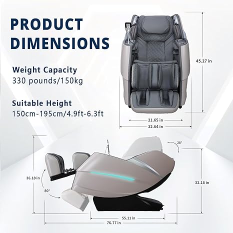 4D Massage Chair Full Body Zero Gravity Recliner - 55“ SL-Track,20 Auto Modes,11 Massage Technique,40 Airbags Massage,with Yoga Stretch,APP Control,Negative Oxygen lons（Grey）