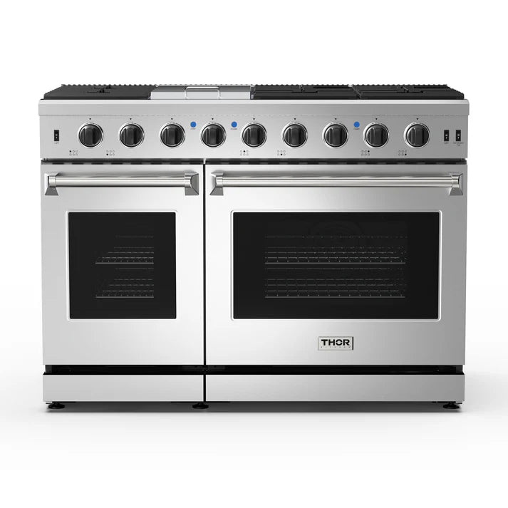 Professional 48 in. 7 cu. ft. 7-Burners Double Oven Gas Range w/ Griddle in Stainless Steel with Convection Air Fryer
